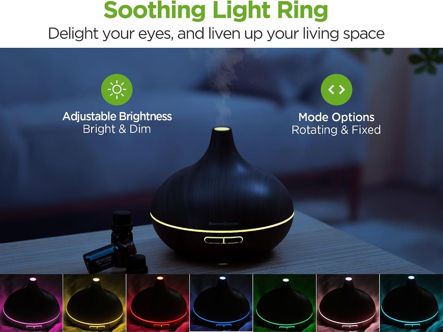 InnoGear Aromatherapy Diffuser & 10 Essential Oils Set, 400ml Diffuser Ultrasonic Diffusers for Home Cool Mist Humidifier with 4 Timers 7 Colors Light Waterless Auto Off, Dark Wood Grain