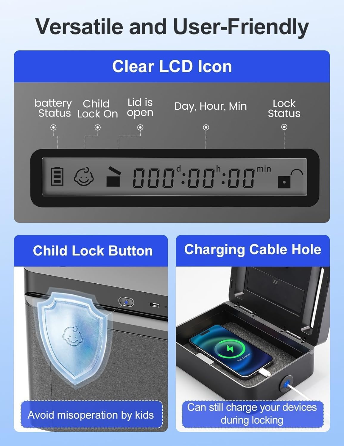 Metal Timed Lock Box with Emergency Unlocking, Phone Locked Box with Timer, Locking Container, Audio Prompt, Self-Control Safe Locker for Cellphone/iPad Mini/Medicine Gift Idea for Men Women