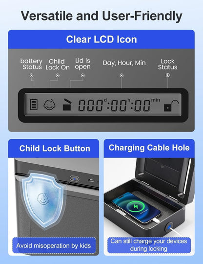 Metal Timed Lock Box with Emergency Unlocking, Phone Locked Box with Timer, Locking Container, Audio Prompt, Self-Control Safe Locker for Cellphone/iPad Mini/Medicine Gift Idea for Men Women