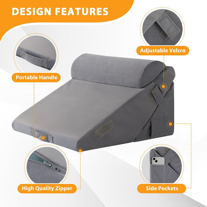 Ruqmuis Wedge Pillow Set for After Surgery, 3PCS Adjustable 9&12 Inch Bed Wedge Pillow for Sleeping, Incline Pillow Wedge for Headboard, Post Surgery, Acid Reflux, Neck&Back Support, White/Grey
