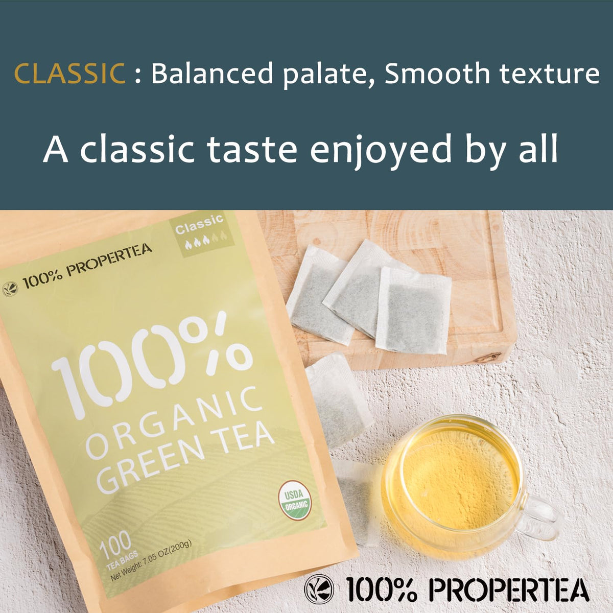100% Propertea Organic Green Tea Bags Classic, 100 Tea Bags, Smooth