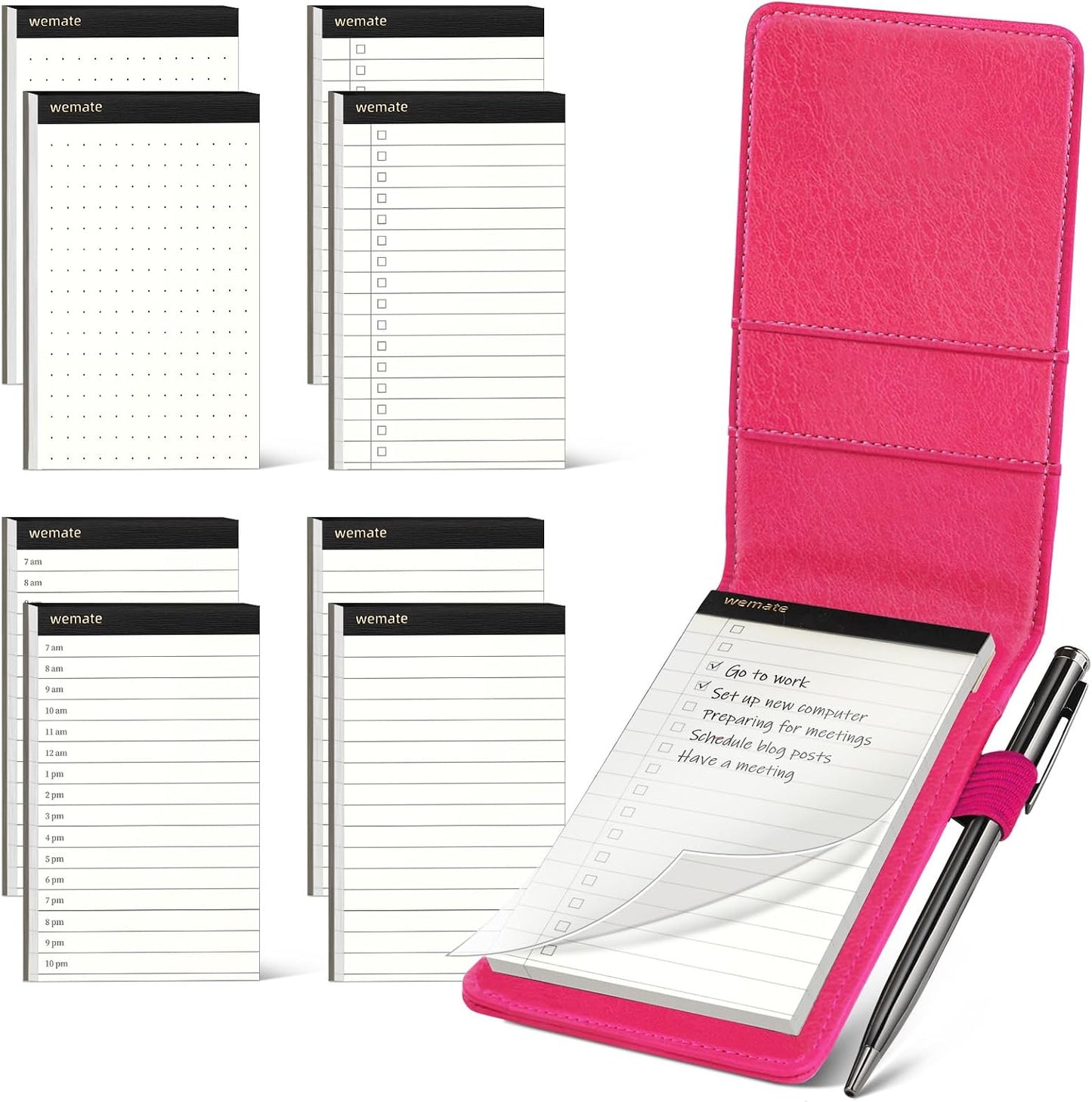 WEMATE 10 Pieces Small Notepad Holder Set Pocket Notebook - Included Mini Pocket Notepad Holder Set with 8 Memo Book Refills and Metal Pen for Meetings, Daily Records, and Notes 3 x 5 Inch (Black)
