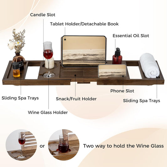 Teak Bathtub Tray - Luxury Bath Tray with Expandable Handles, Wine Glass and Phone Holders, Book Stand - Perfect for Home Spa Relaxation and Reading - Natural Bath Accessories - Dark Walnut Color