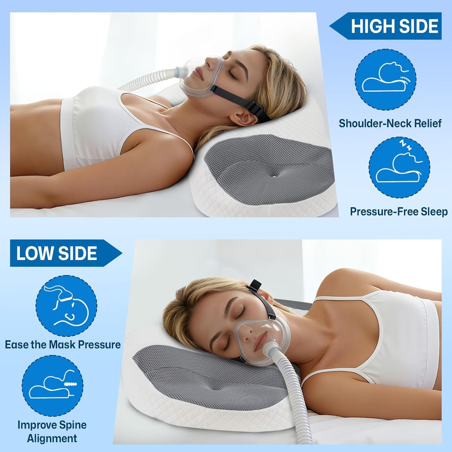 CPAP Pillow for Side & Back Sleepers - Mask Compatible Contour Design to Reduce Leaks, Breathable Memory Foam Pillow with Ergonomic Support & Hose-Friendly Cutouts for Comfortable Sleep, Grey