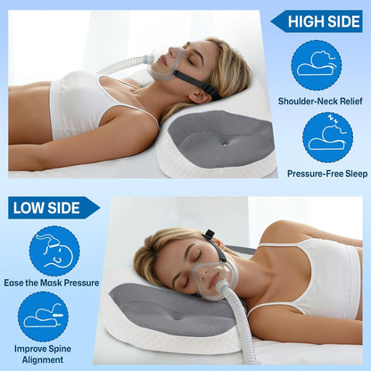 CPAP Pillow for Side & Back Sleepers - Mask Compatible Contour Design to Reduce Leaks, Breathable Memory Foam Pillow with Ergonomic Support & Hose-Friendly Cutouts for Comfortable Sleep, Grey