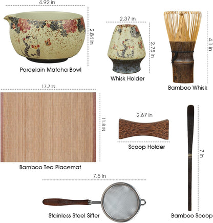 Matcha Whisk Set, 7-Piece Matcha Kit with Ceramic Bowl, Bamboo Whisk, Scoop, Sifter, Holder & Bamboo Mat – Premium Matcha Tea Set for Beginners & Matcha Lovers