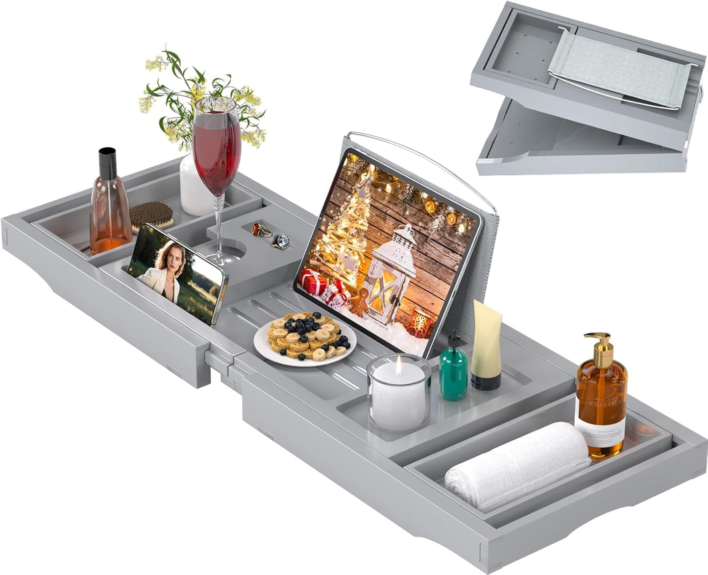 Artmalle Luxury Bathtub Caddy Tray for Tub - Foldable Bamboo Bath Table Tray with Book and Wine Glass Holder, Expandable Bathroom Accessories for Spa or Reading Lite Style