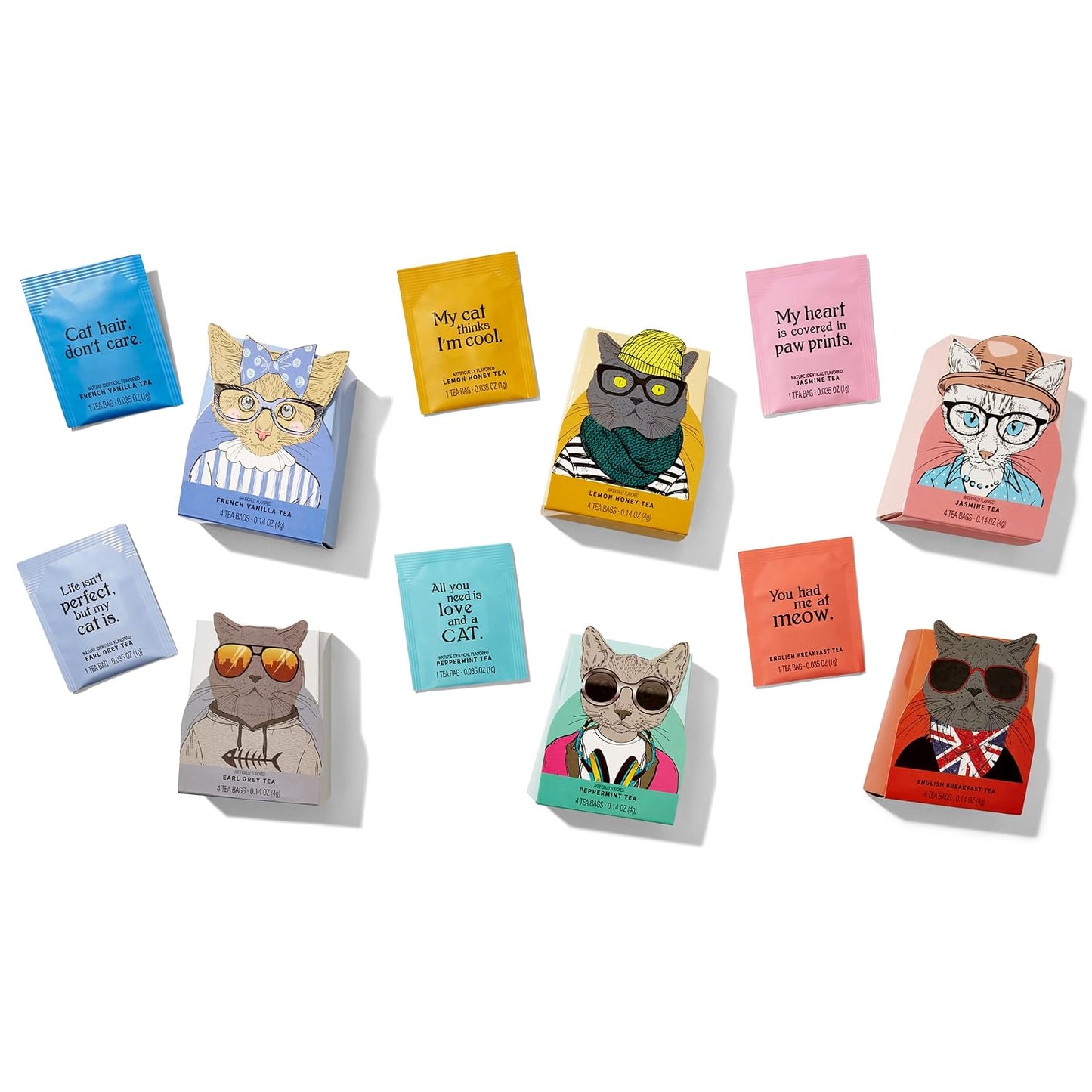 Thoughtfully Gourmet Cat Lover's Tea Gift Set: Includes 24 Teas in 6 Flavors with Stylish Cat Art and Fun Quotes for Cat Moms and Dads, Set of 24