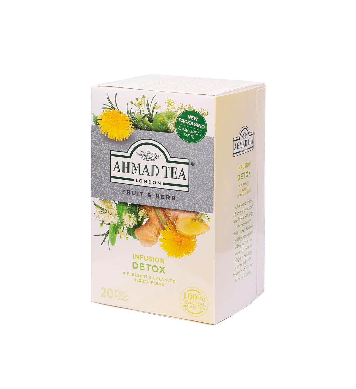 Ahmad Tea Herbal Tea, Ginger, Peppermint, Fennel, Dandelion, & Birch 'Detox' Teabags, 20 ct (Pack of 6) - Decaffeinated & Sugar-Free