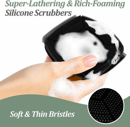 Silicone Back Scrubber & Bath Glove Set 2PCS, 13.4'' Gentle Shower Back Scrubber with Dual-Side Head Non-Slip Handle, 360° Anti-Slip Hand-fit Bath Glove for Rich Foaming Deep Cleaning(Black)