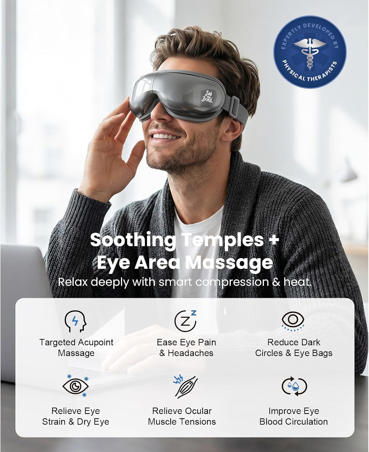 BOB AND BRAD Eye Massager with Heat and Cooling, FSA Eligible HSA Birthday Gifts for Women Men, EyeOasis 3 Elite Eye Massager for Migraine, Heated Eye Mask for Dry Eye Head Tension and Stress Relief