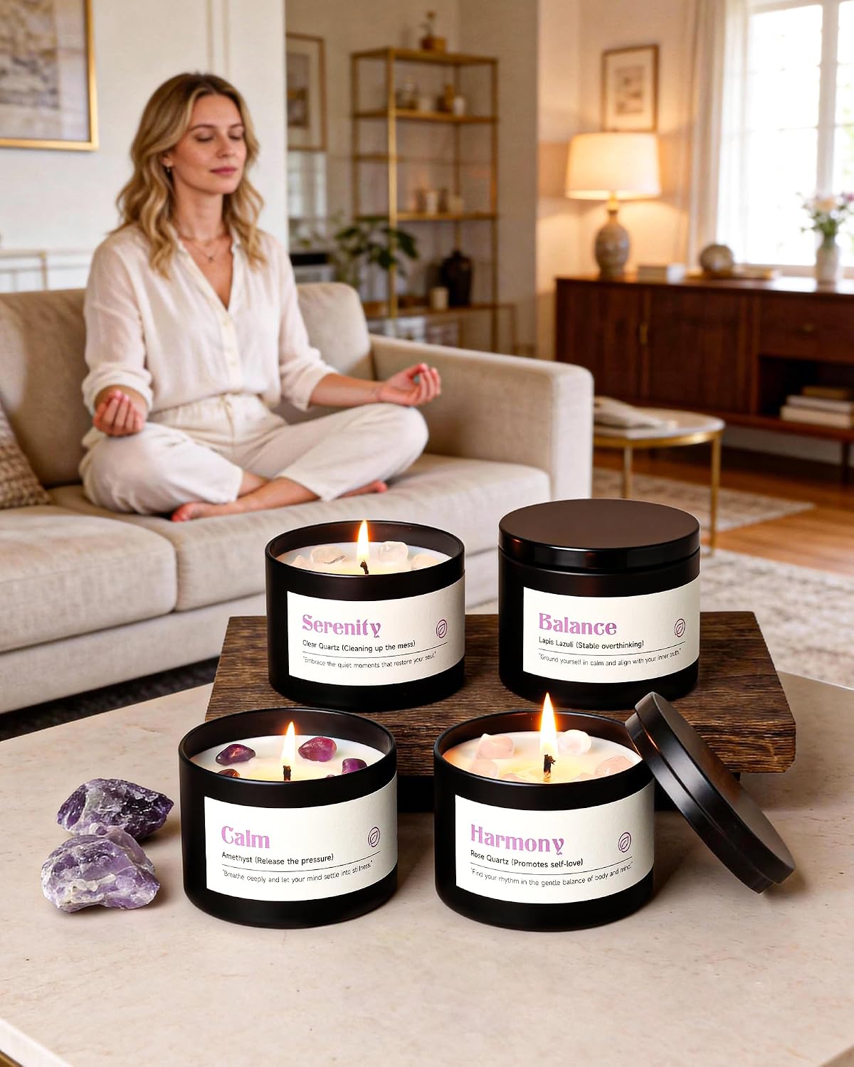 AOOVOO Crystal Energy Candles Set for Women - 4 Pack 26 oz Soy Wax Candles for Home Scented, 200 Hour Long Lasting Candle, Laughter Red Crystal/Love Rose Quartz/Joy Citrine/Passion Red Quartz