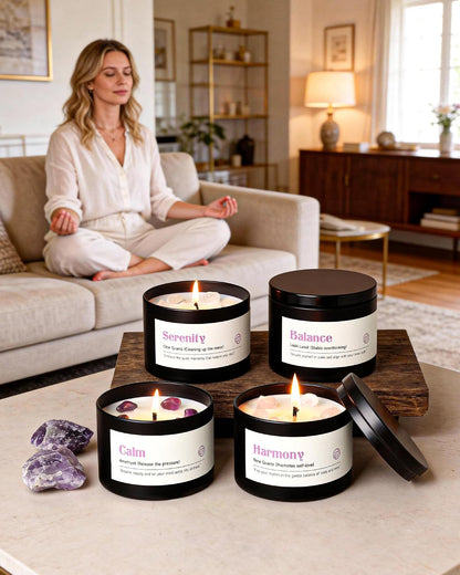 AOOVOO Crystal Energy Candles Set for Women - 4 Pack 26 oz Soy Wax Candles for Home Scented, 200 Hour Long Lasting Candle, Laughter Red Crystal/Love Rose Quartz/Joy Citrine/Passion Red Quartz