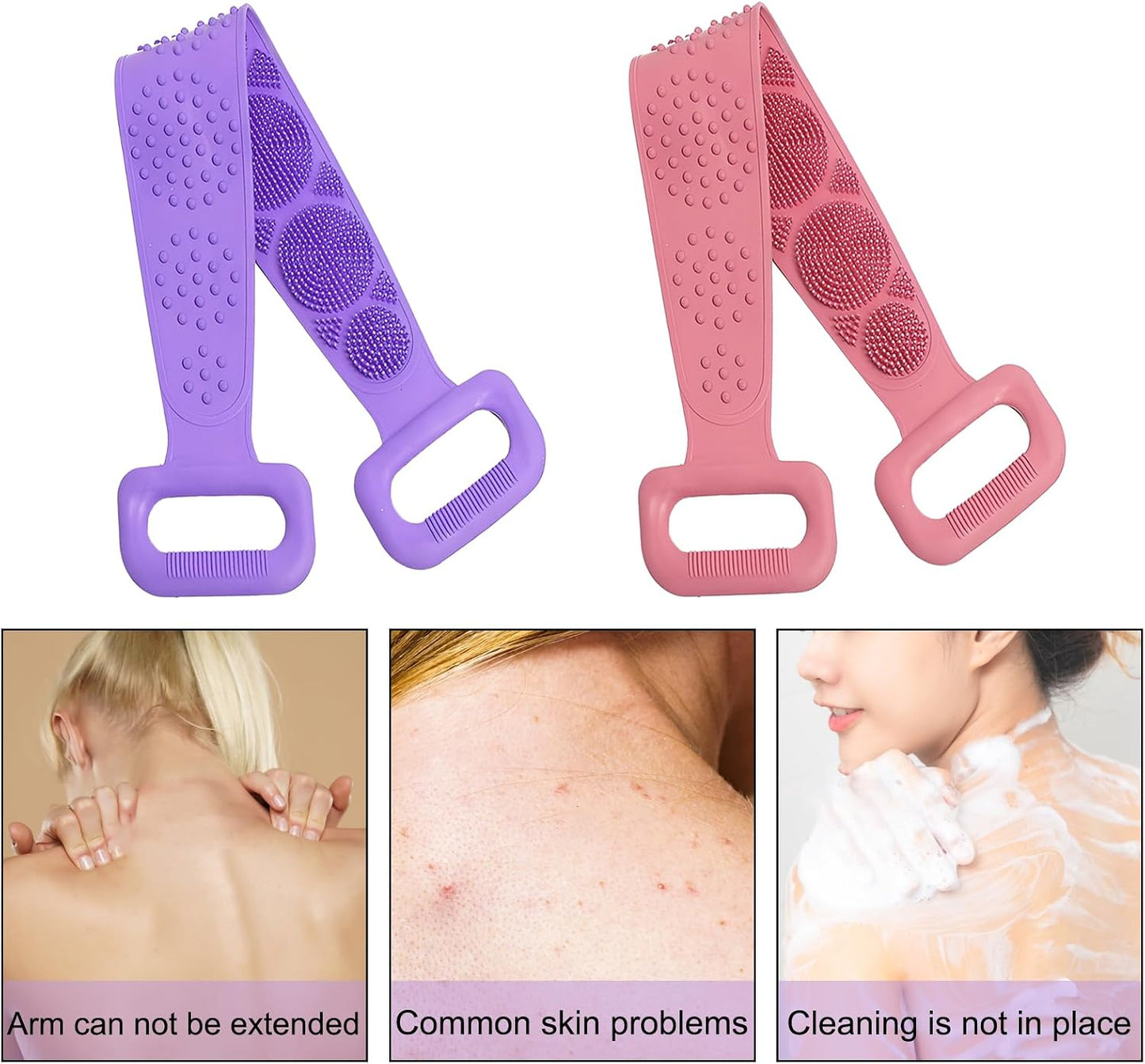 Silicone Body Scrubber for Shower,Silicone Back Body Scrubber with Handle,27.5 Inch Exfoliating Deep Clean Bath Body Brush Scrubber for Men and Women-2 PCS