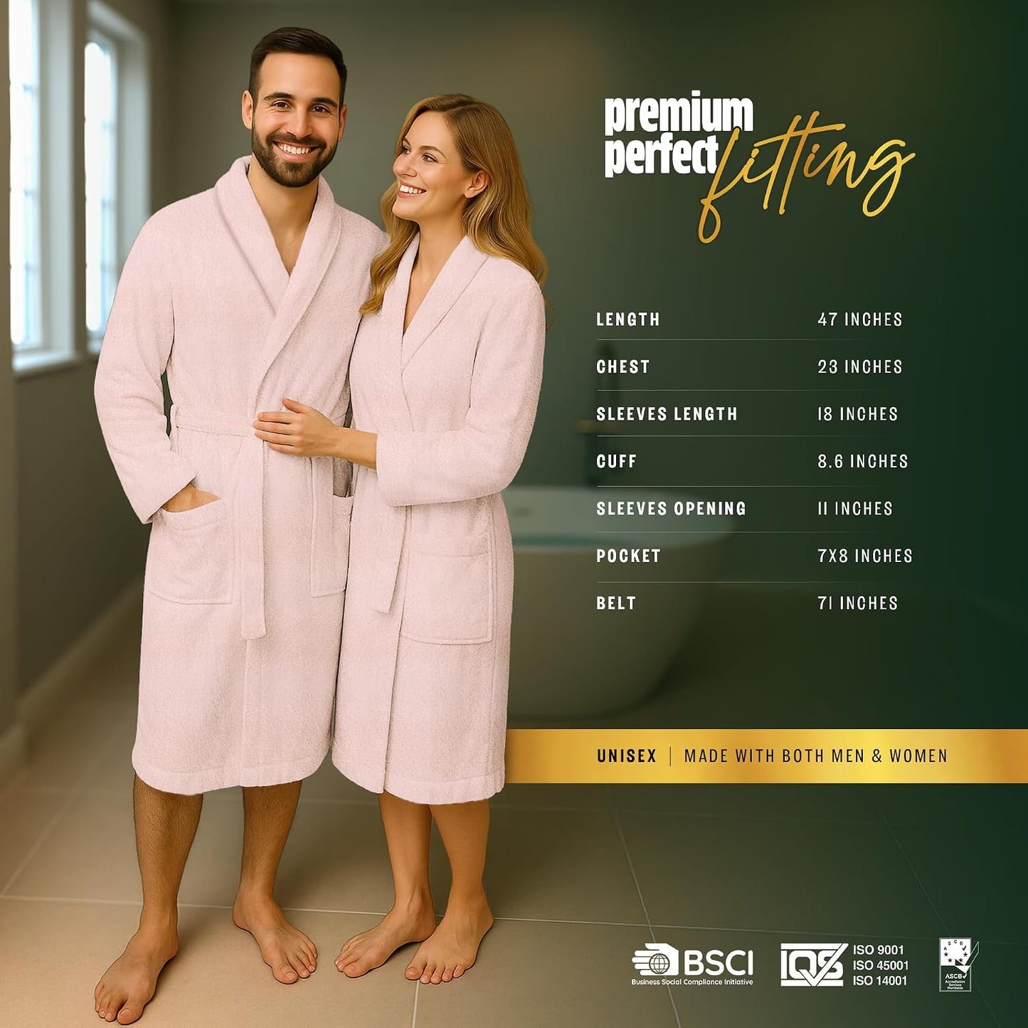 Pearl Linens Cotton Terry Shawl Collar Bathrobe - Soft, Lightweight & Absorbent Unisex Spa Robe for Women & Men - 1 Piece