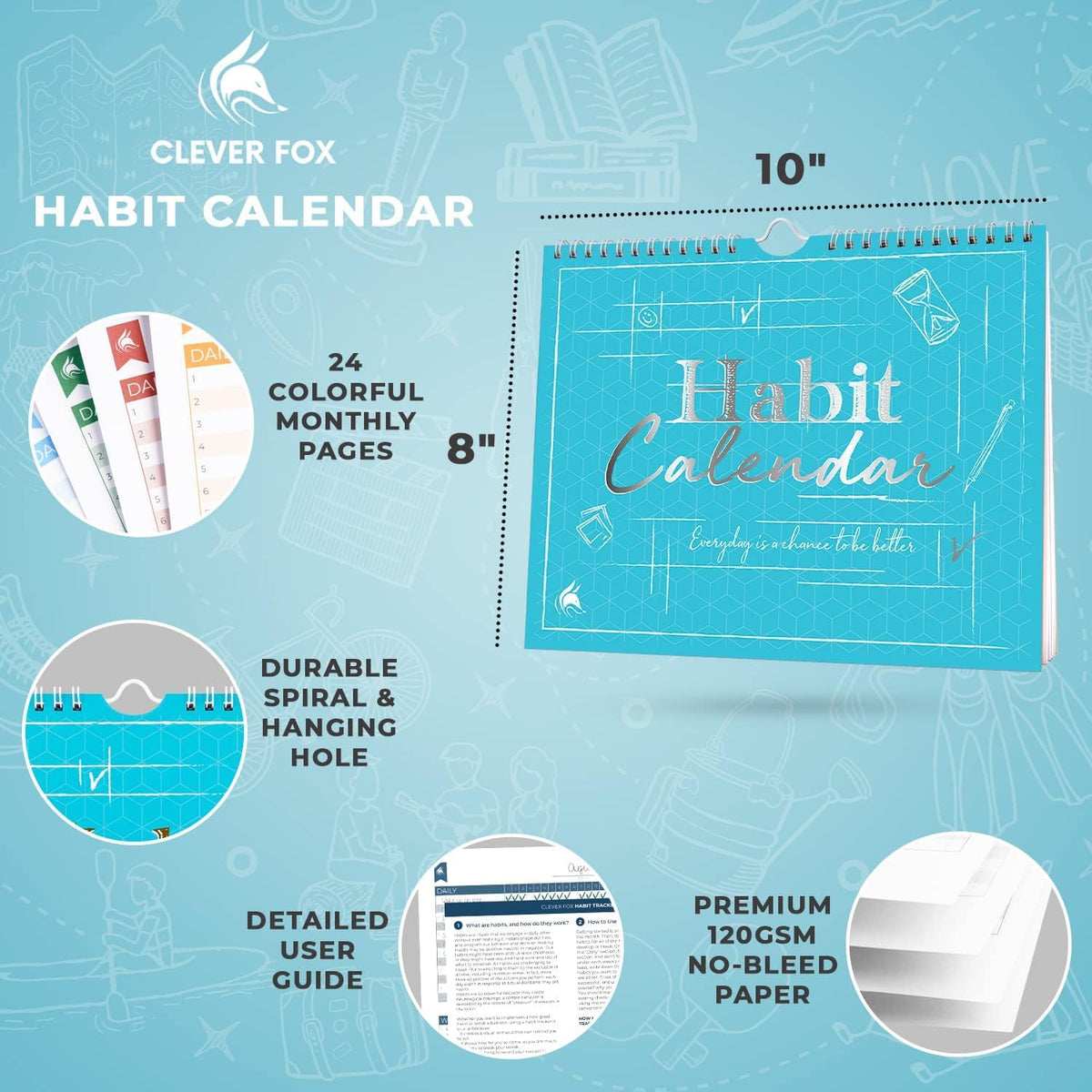 Clever Fox Habit Tracker Calendar, 24-Month Daily Goal Journal Green