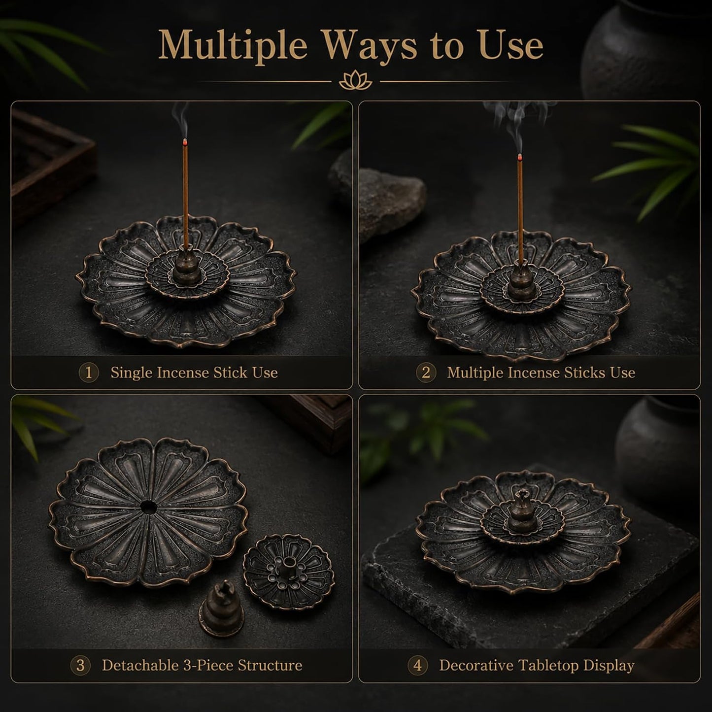 Incense Holder for Sticks, 3-in-1 Lotus and Gourd Incense Burner with Detachable Ash Catcher, Spiritual Japanese Decor for Yoga and Meditation