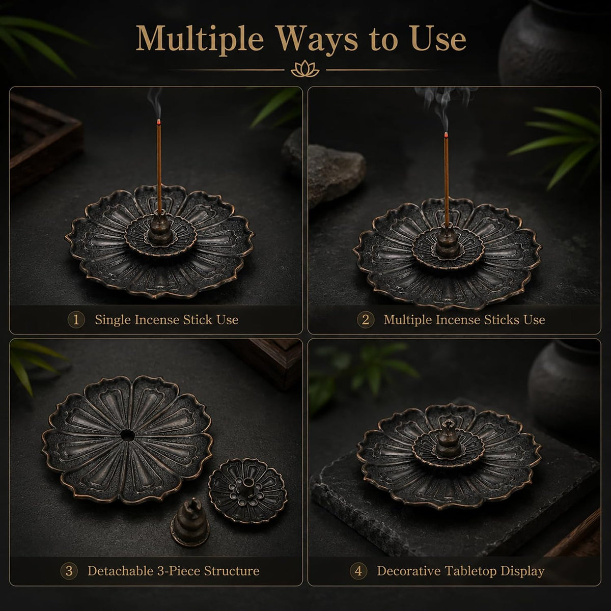 Incense Holder for Sticks, 3-in-1 Lotus and Gourd Incense Burner with Detachable Ash Catcher, Spiritual Japanese Decor for Yoga and Meditation