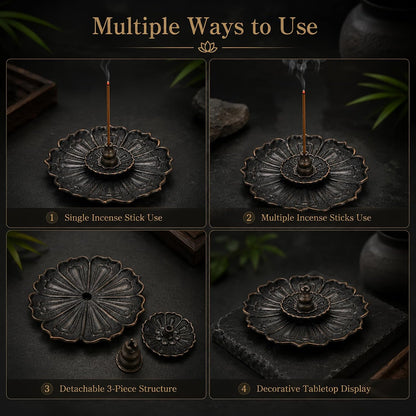 Incense Holder for Sticks, 3-in-1 Lotus and Gourd Incense Burner with Detachable Ash Catcher, Spiritual Japanese Decor for Yoga and Meditation
