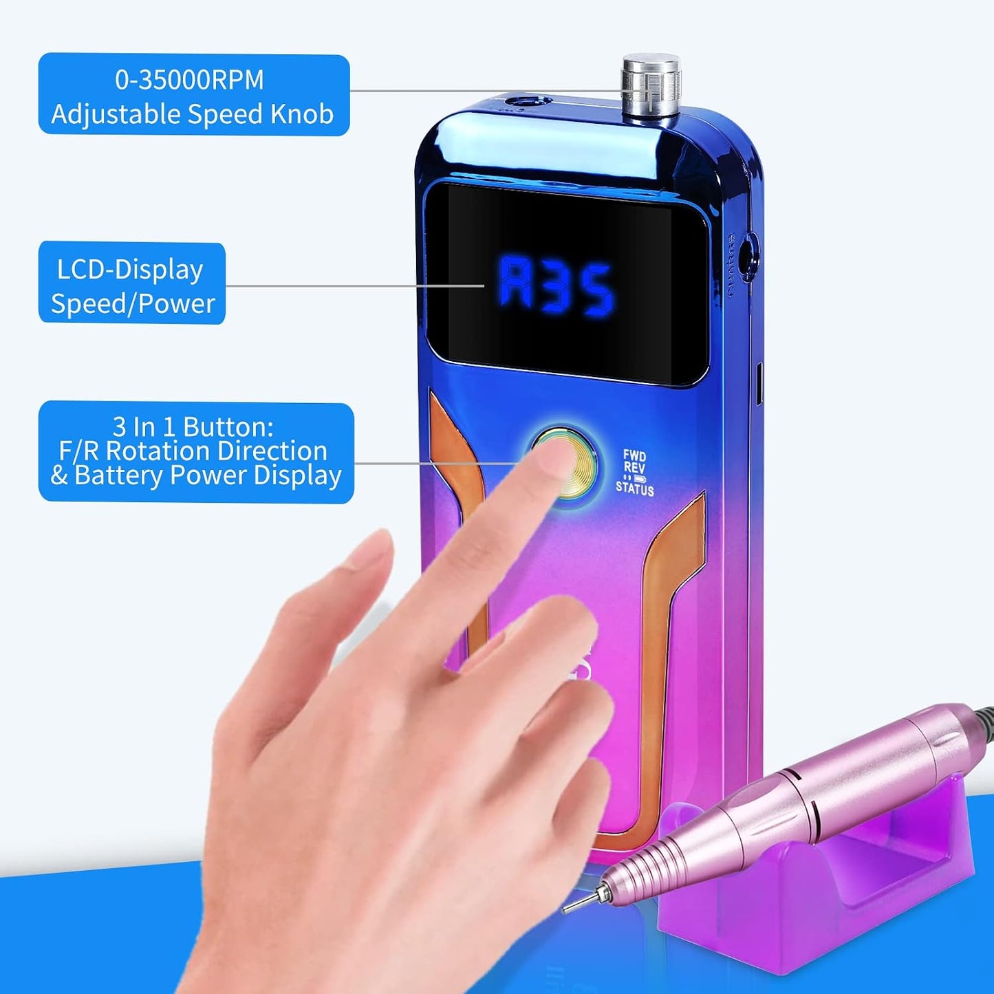 MOCOWIND Portable Nail Drill Professional 35000 RPM, Rechargeable Electric Nail File Machine Cordless E-File for Acrylic Gel Polishing Removing with Bits Kit for Manicure Salon Home, Pink
