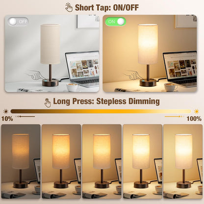 Touch Bedside Table Lamp with Memory - Stepless Dimmable Lamp for Bedroom, Small Nightstand Lamp with Dual USB Charging Ports and AC Outlet, Wood Night Light, Desk Lamp for Nursery, Living Room, Dorm