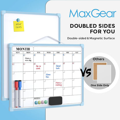 MaxGear Monthly Calendar Dry Erase Board for Wall, 16"x12", White Frame | Double-Sided, Hanging Small White Board, Portable Whiteboard for Planning, Drawing, Memo, to Do List, Home, Kitchen, Office