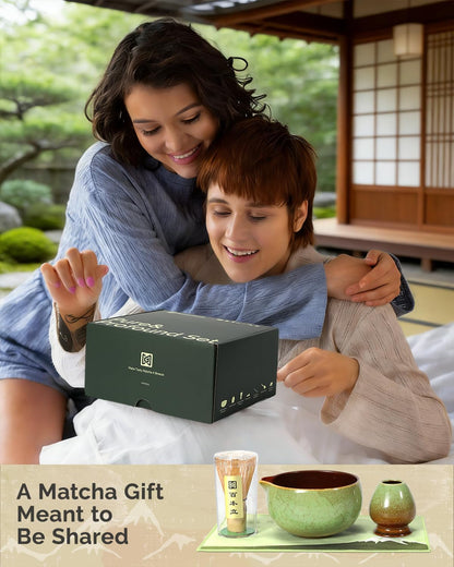Maestri House Matcha Whisk Set, 7-Pc Complete Matcha Kit with Spouted Ceramic Bowl, Bamboo Whisk and Holder, Scoop, Spoon Rest & Sifter, Tea Cloth – Ideal Gift for Matcha Lovers (Black Stone)