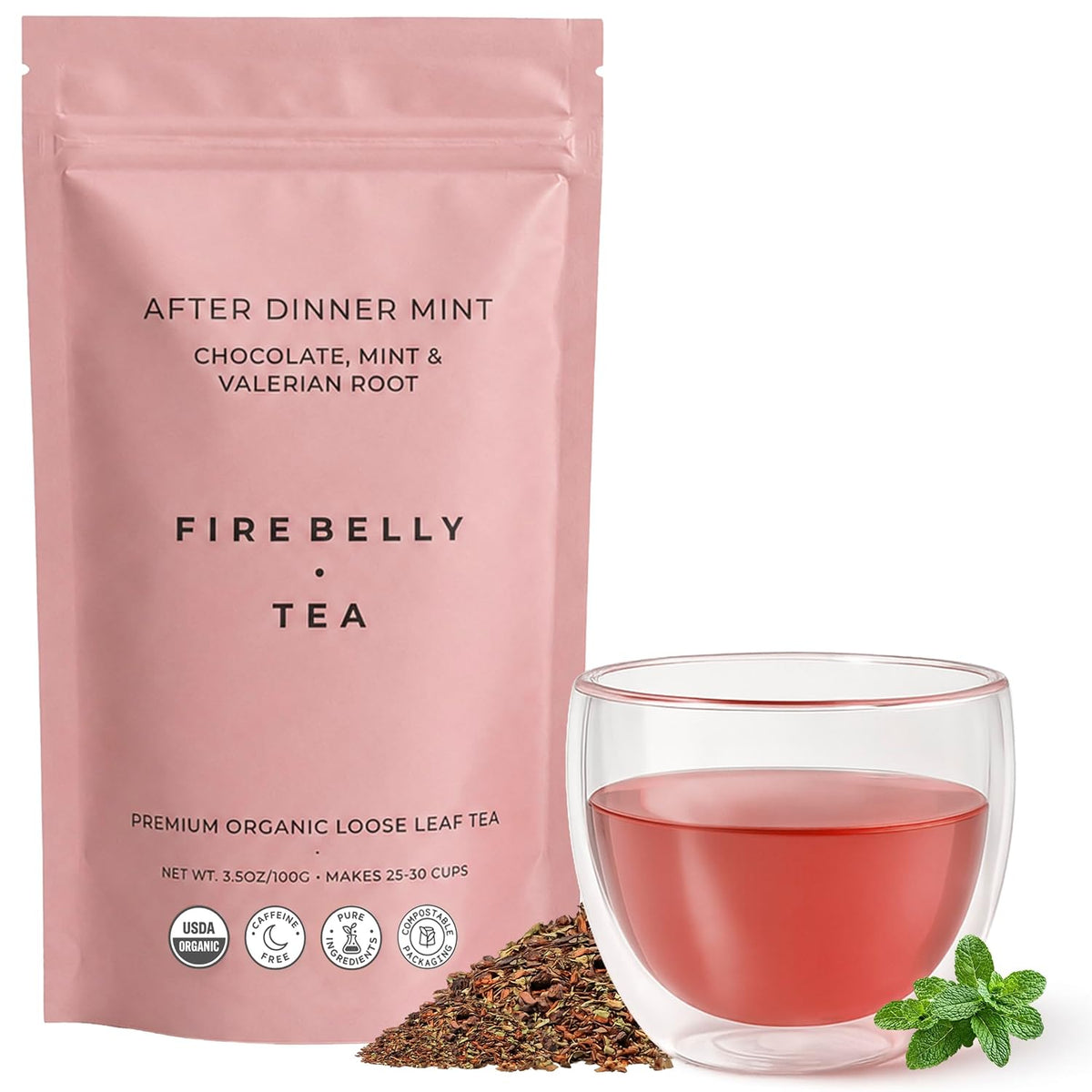 Firebelly Tea After Dinner Mint, Organic Chocolate & Mint Tea with Valerian Root, Loose Leaf Herbal Tea, Caffeine-Free, Chocolate Mint Tea for Your Evening Routine, 3.5 oz, Pack of 1