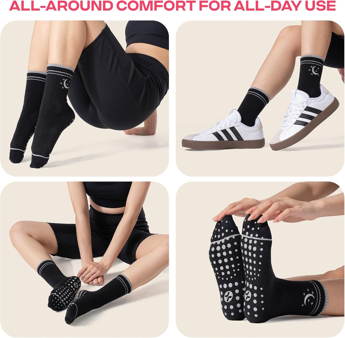 COOLMATE Pilates Socks with Grips for Women, Yoga Socks, Crew Non Slip Women for Barre, Pilates Gifts for Women - Colors A
