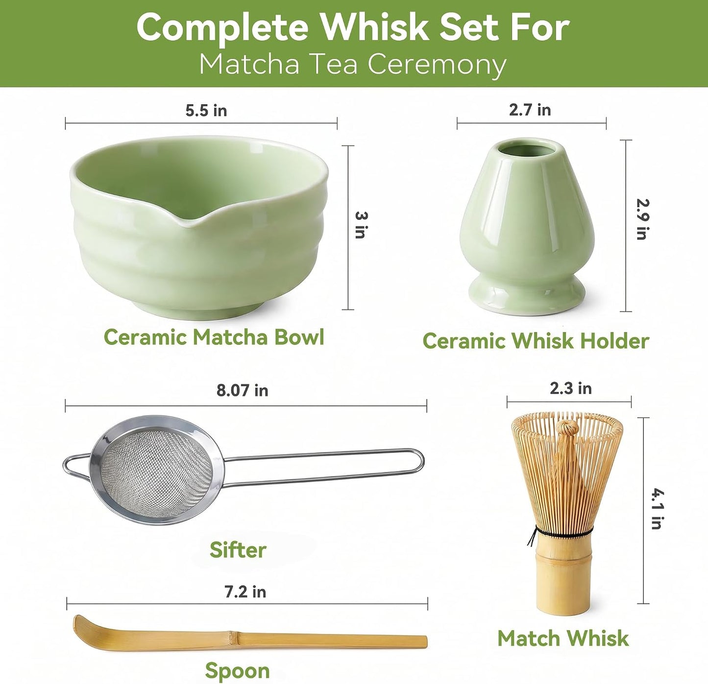 Matcha Whisk Set with Ceramic Bowl - Complete Matcha Making Kit, Bamboo Whisk (Chasen), Whisk Holder, Matcha Powder Sifter, Scoop, Japanese Tea Ceremony Tools（Green）