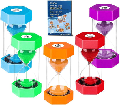 Sand Timers for Kids, 1/2/3/5/10/30 Minutes Acrylic Hourglass Sand Clock, Colorful Plastic Sand Watch Hour Glass Sandglass for Classroom, Games, Kitchen (Pack of 6)