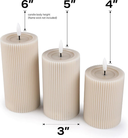 Ribbed Fluted Real Wax Flameless LED Pillar Candles, Loden Sage Olive Green, Melted-Wax Top Look, Flickering Flame, Battery Operated, Remote & Timer, Shelf & Wedding Decor (Set of 3)