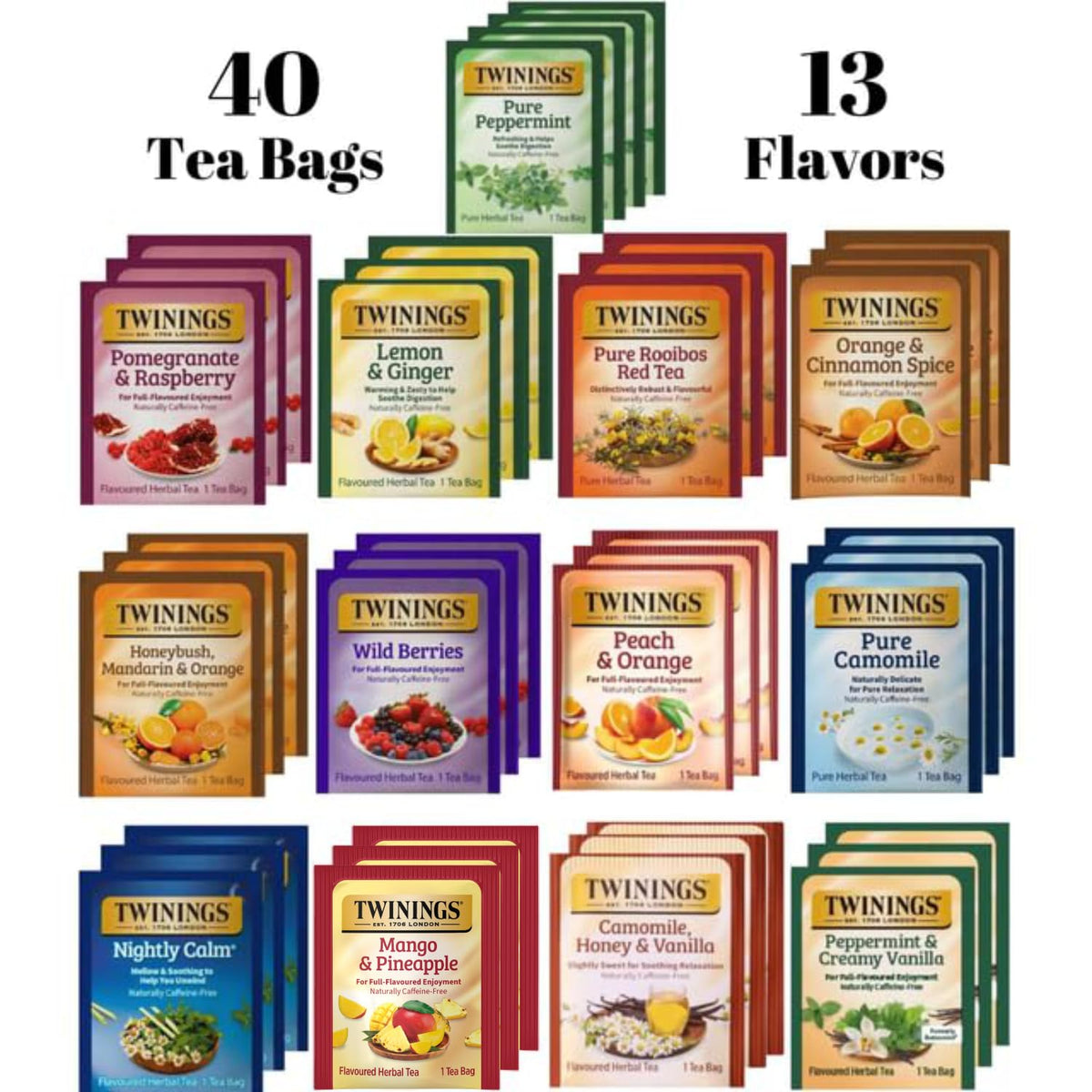 Twinings Herbal Tea Variety Pack, 40 Count, 13 Flavor Sampler