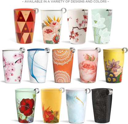 Tea Forte Double-Walled Ceramic Kati Cup, Removable Stainless Steel Infuser Basket and Lid, Steeps 12 oz Loose Leaf Tea, Dishwasher & Microwave Safe, Cherry Blossom