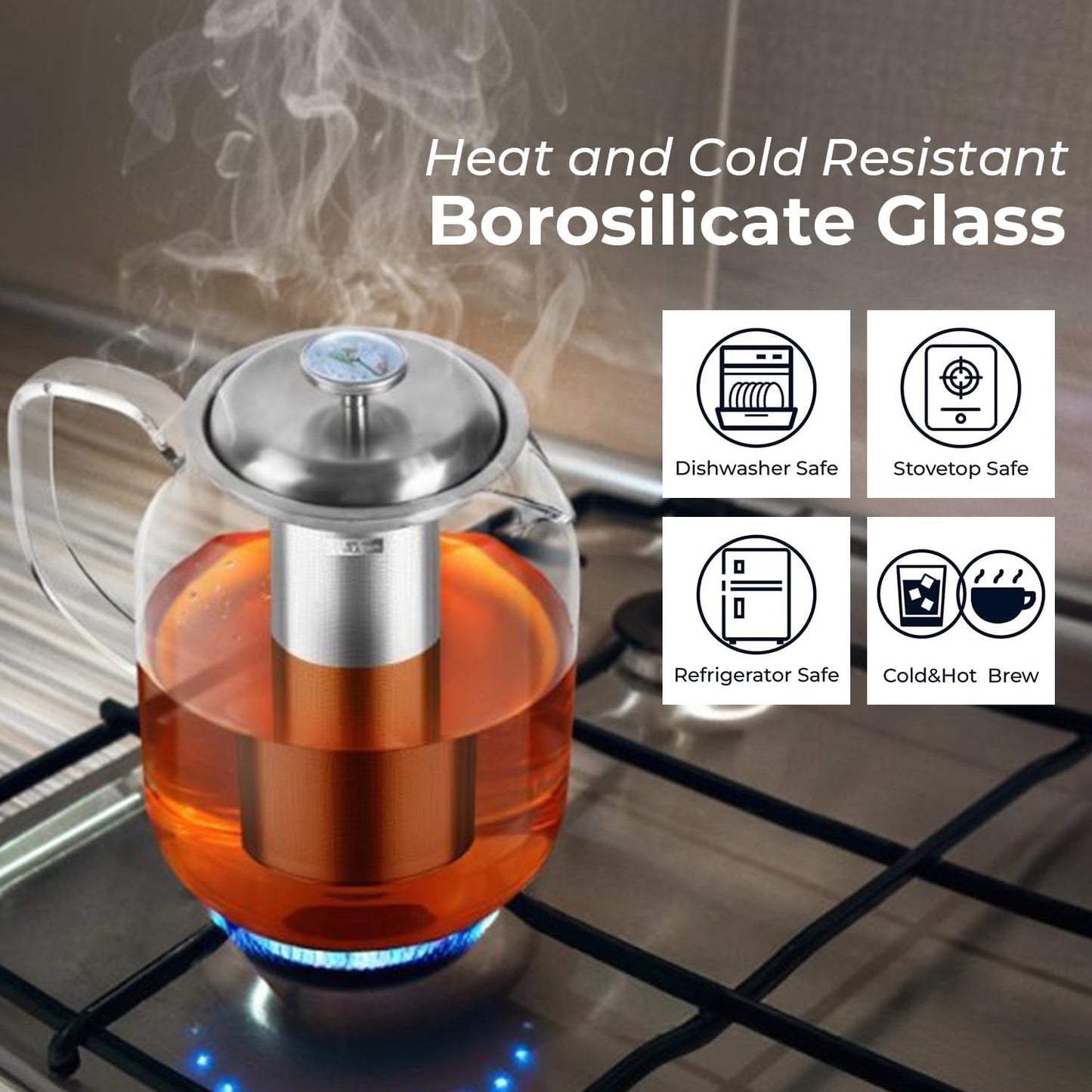 Aquach 51oz Glass Teapot with Infuser, Stovetop Safe Borosilicate Tea Pot | Dishwasher Safe, Plastic-free, Precise Loose Leaf Filter, Easy-clean Opening, Sharing Capacity