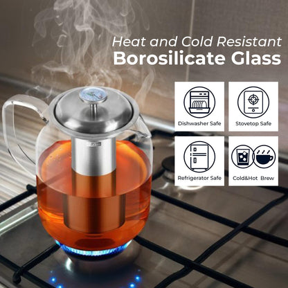 Aquach 51oz Glass Teapot with Infuser, Stovetop Safe Borosilicate Tea Pot | Dishwasher Safe, Plastic-free, Precise Loose Leaf Filter, Easy-clean Opening, Sharing Capacity