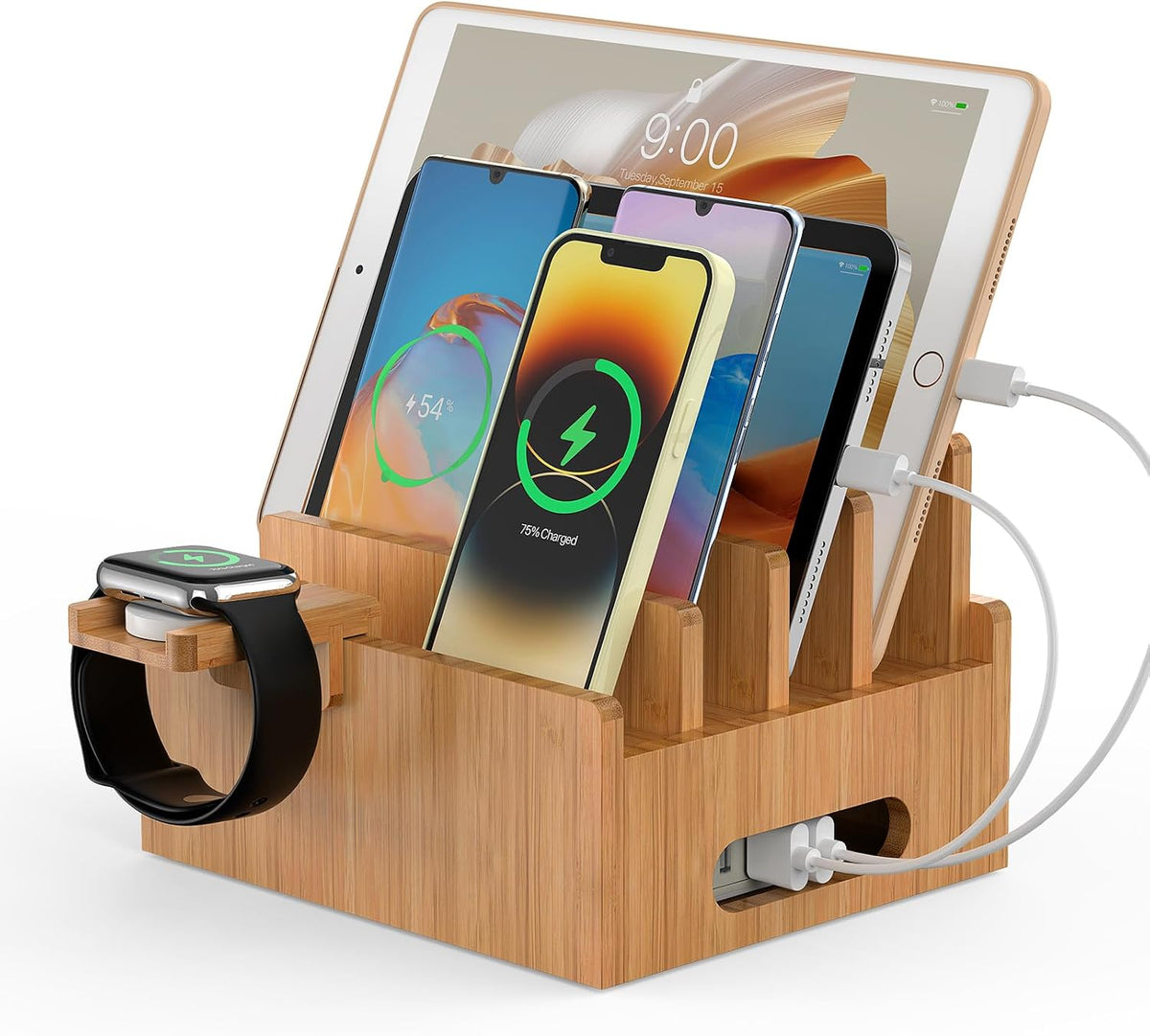 Pezin & Hulin Bamboo Charging Station with USB Charger,5Cables-Natural