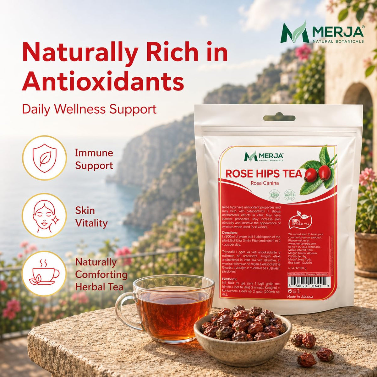 Merja Herbs Rose Hips Tea - Immune System Support & Antioxidants - Natural Caffeine Free - Loose Tea - 100% Natural & Premium Quality 180gr