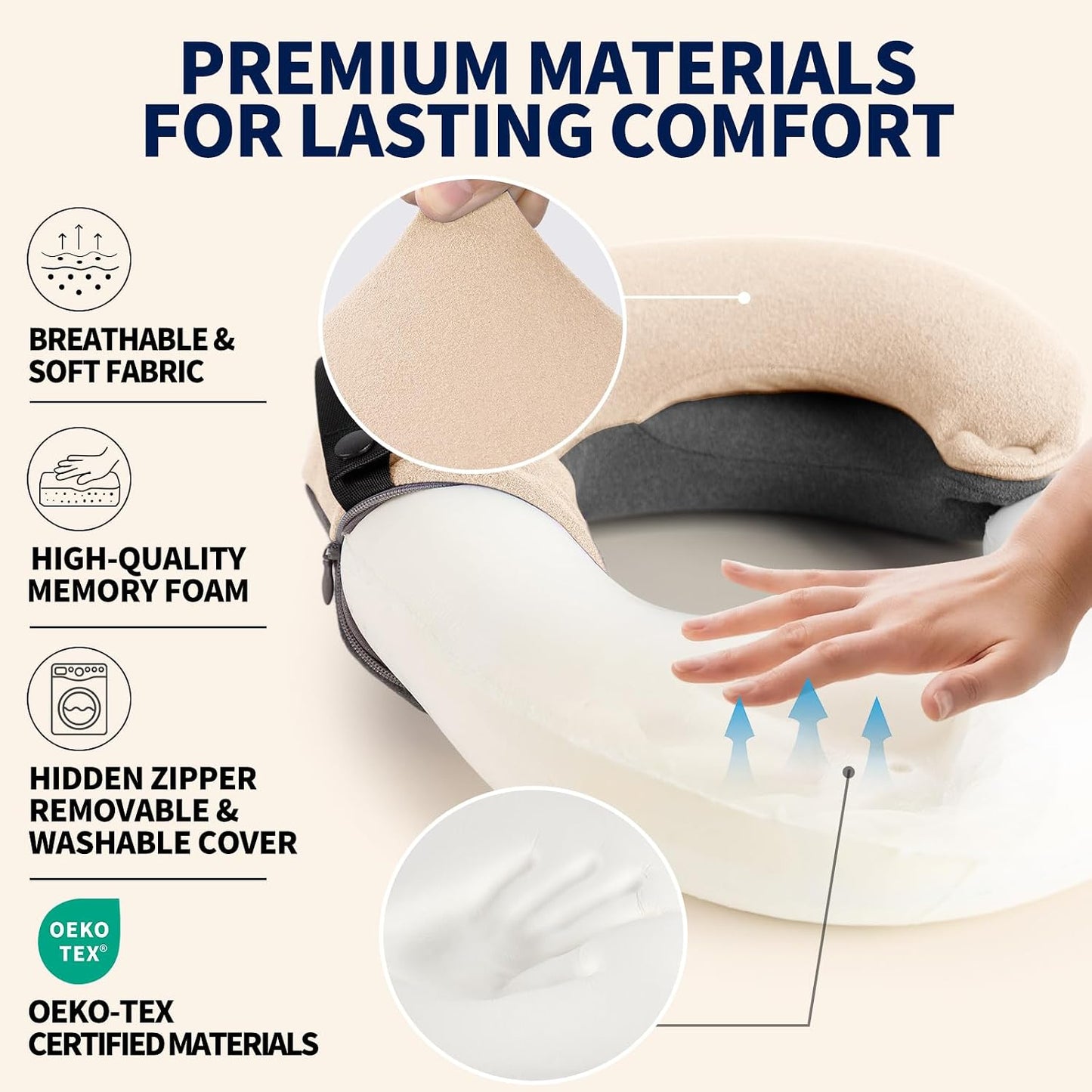 BUYUE Travel Neck Pillows for Airplanes, Memory Foam 360° Head Support Sleep for Long Flight, Skin-Friendly & Breathable, Kit with Eye Mask, Earplugs and Storage Bag (Adult, Grey, 90+ lbs)