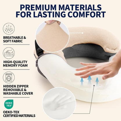 BUYUE Travel Neck Pillows for Airplanes, Memory Foam 360° Head Support Sleep for Long Flight, Skin-Friendly & Breathable, Kit with Eye Mask, Earplugs and Storage Bag (Adult, Grey, 90+ lbs)