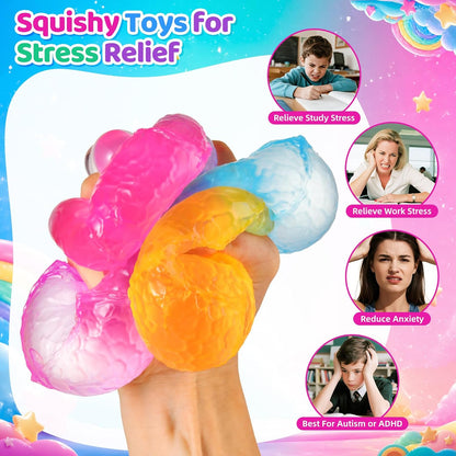 4 Packs Stress Balls for Kids Adult, Stretch and Squeeze Stress Balls for Anxiety Relief, Sensory Squishy Ball for Classroom Prizes Birthday Party Favor Gifts (Squeeze Ball)