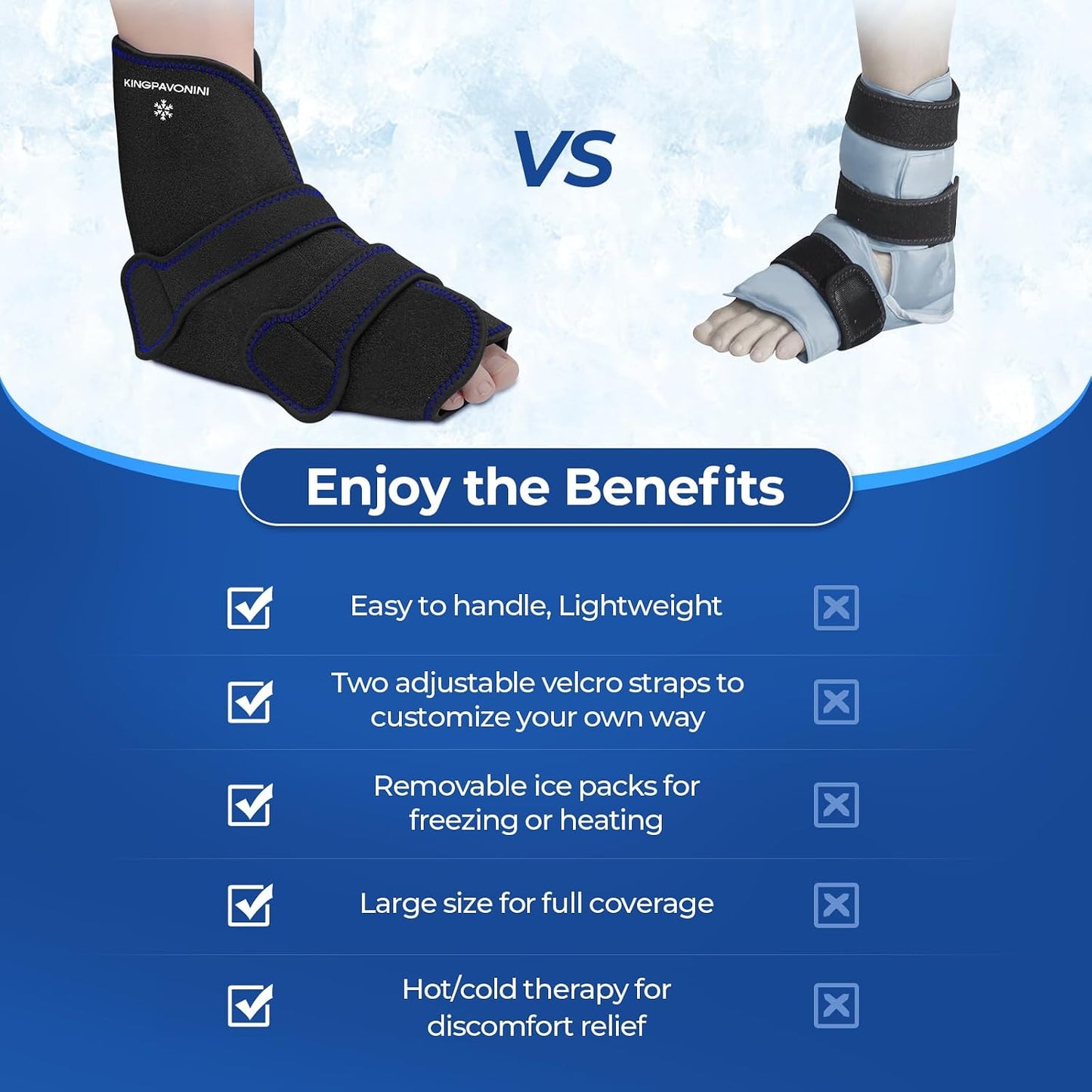 KingPavonini Ankle Foot Ice Pack Wrap for Sprained Ankle/Surgery Recovery, Reusable Gel Ice Packs for Feet Injuries, Plantar Fasciitis, Achilles Tendonitis, Hot/Cold Therapy, XL (1 Wrap+4 Gel Packs)