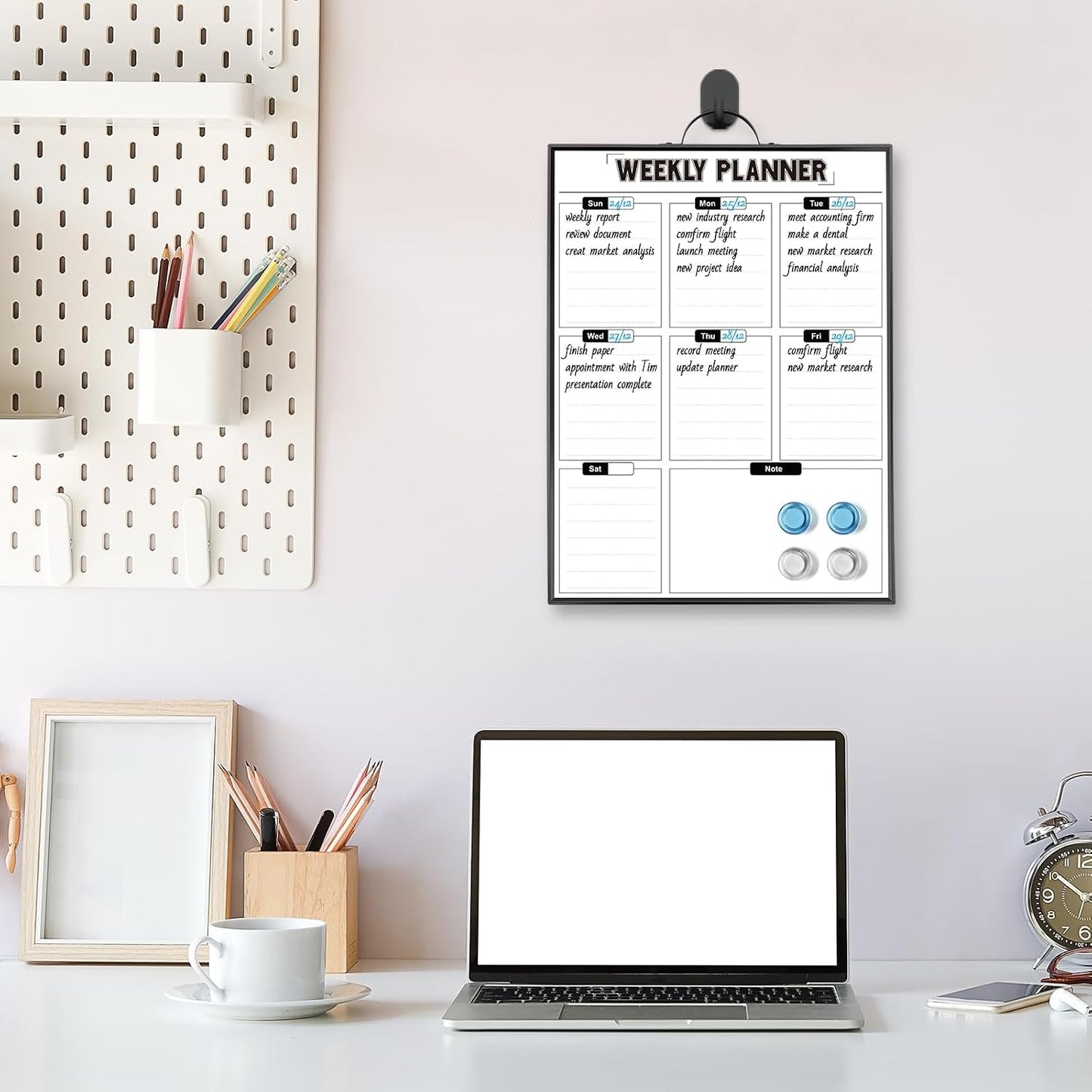 Weekly Planner Whiteboard 16"x12" with Handle | Magnetic Dry Erase Weekly Calendar with Aluminum Frame, Portable Hanging Board for Wall, Door, Desktop, 2 Markers & Magnets
