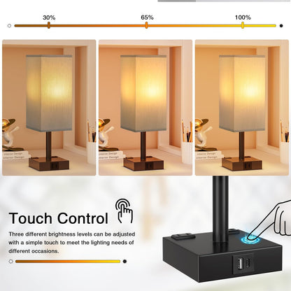 【Upgraded】Bedside Table Lamp Touch Control, with USB C+A Charging Ports & Dual AC Outlets, 3-Way Nightstand Lamp for Bedroom with LampShade Living Room Office(LED Dimmable Bulb Included)