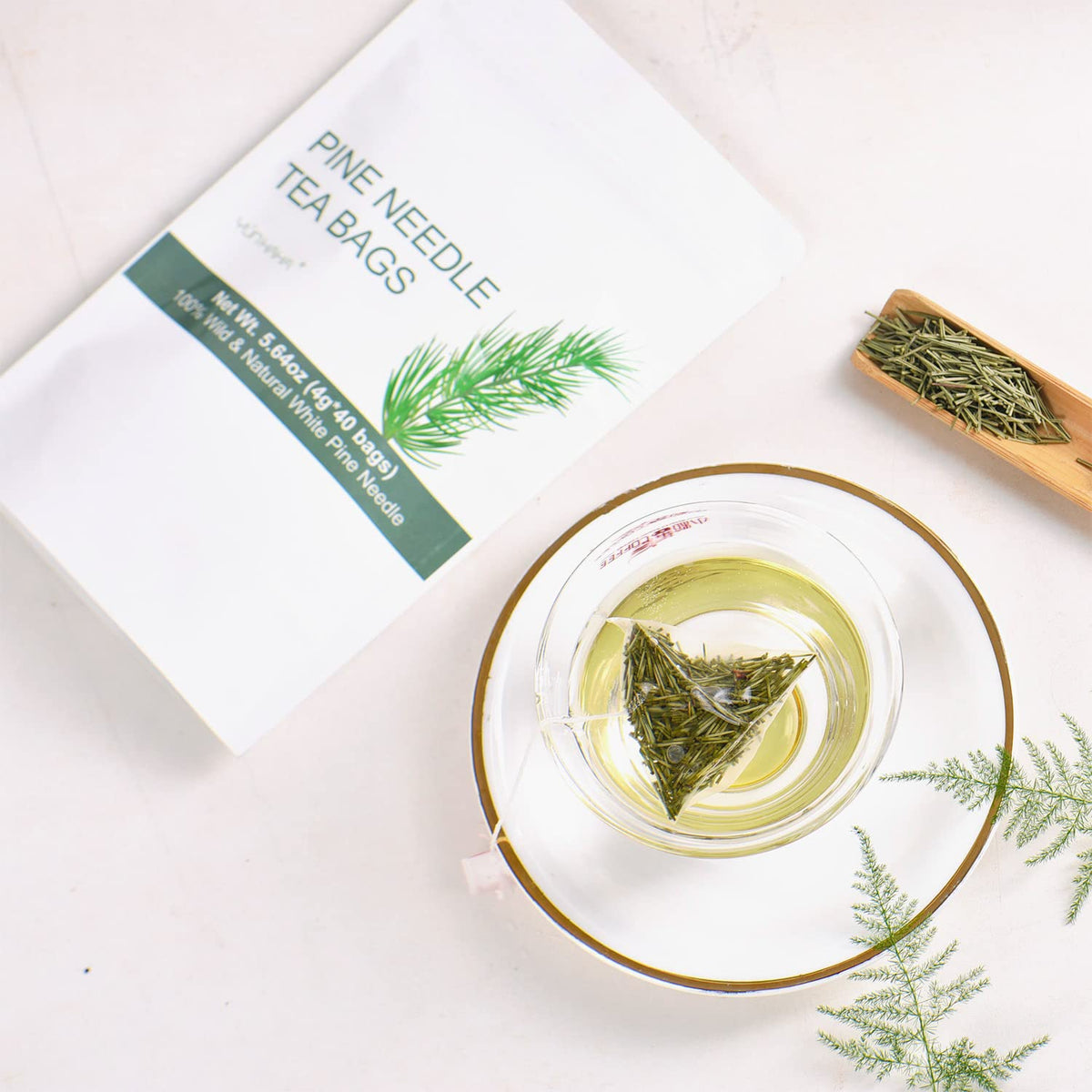 Wild Dried White Pine Needle Tea- 40 bags, 4g/bag- 100% Natural Pure Pine Needles Herbal Tea - Caffeine free- Cut & Sifted- Non-GMO