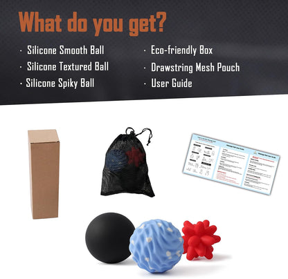 Silicone 3-Piece Massage Ball Set - Peanut, Textured and Spiky Lacrosse Balls to Relieve Tension,Muscle Knots & Plantar Fasciitis with Deep Tissue Release for Foot,Back,Hip,Arm & Legs