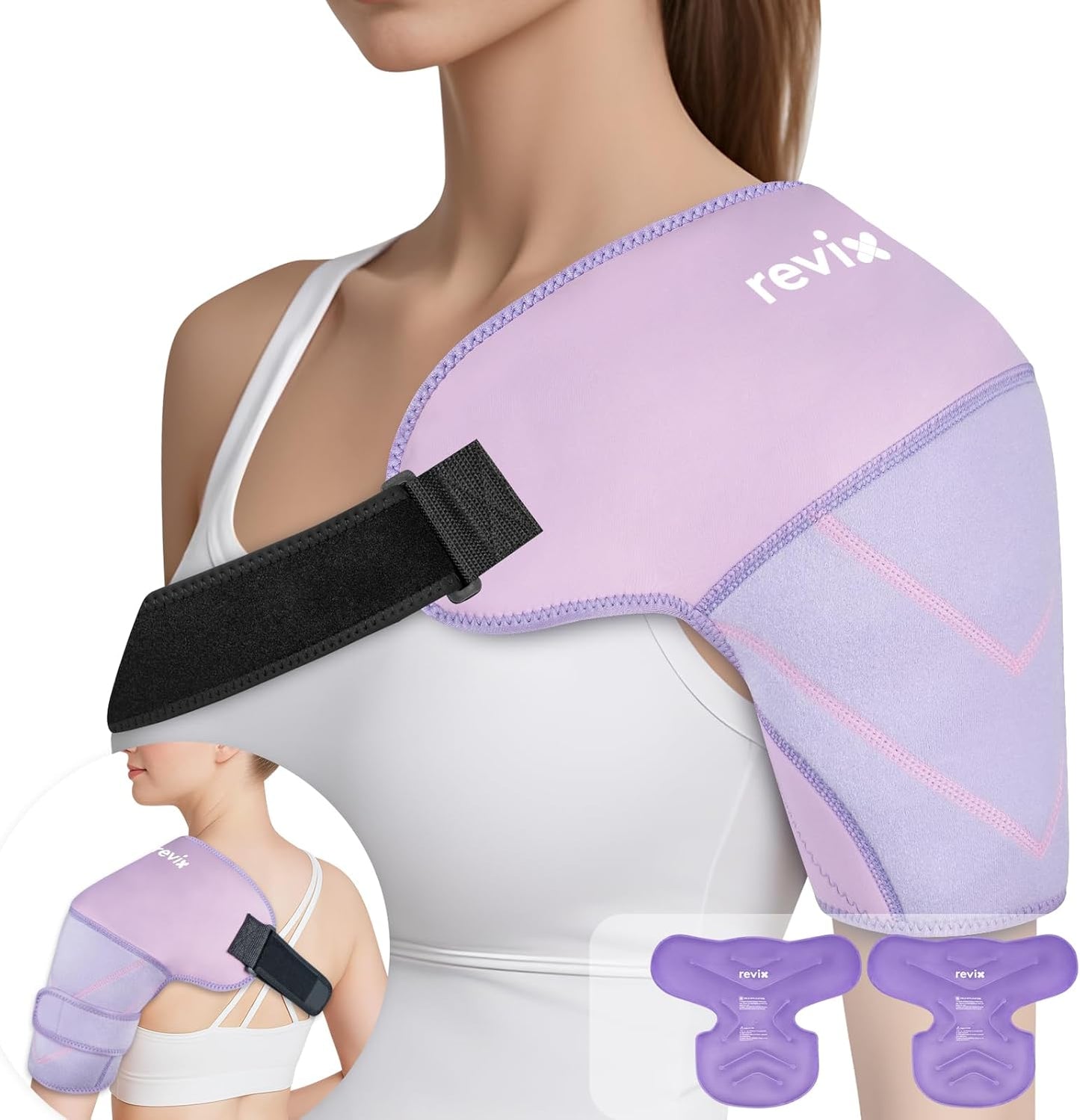 REVIX Large Shoulder Ice Pack Wrap, 2 Gel Packs+1 Shoulder Brace for Rotator Cuff and Arm, Reusable Gel Cold Therapy Wrap for Discomfort Relief & Muscle Relaxation, Easy to Wear & Remove