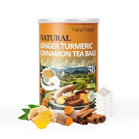 50 Premium Turmeric Ginger Cinnamon Tea Bags| Vitalforest Natural Ginger Tea Bags| Pure Turmeric Tea| Herbal Cinnamon Tea| Caffeine Free