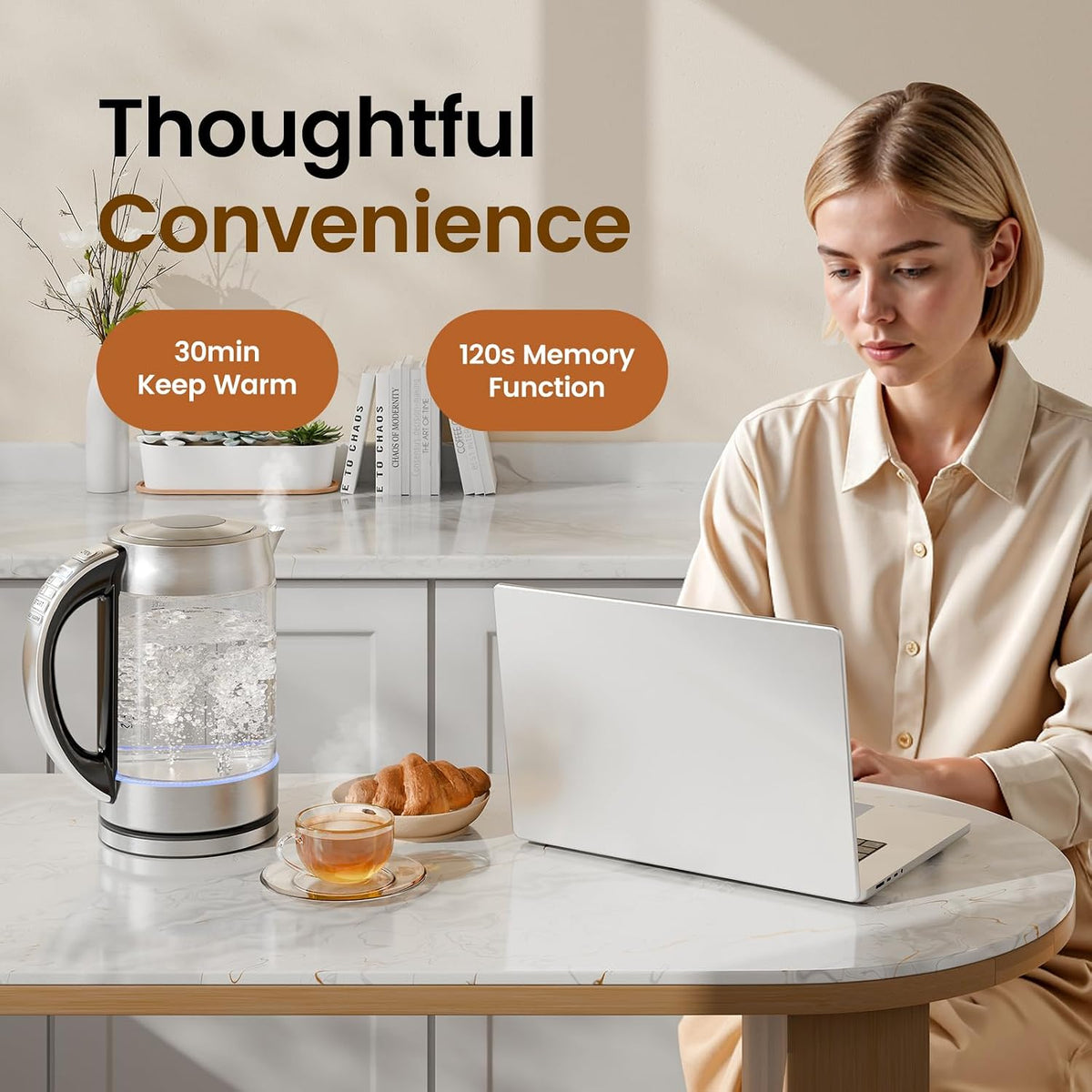 TOPZEE 1.7L Glass Electric Kettle for Coffee & Tea, Hot Water Boiler with 6 Preset Temperatures, Keep Warm and Memory Function, Auto Shut-off & Dry Boil Protection, BPA Free, Rapid Boil, 1500W, Silver