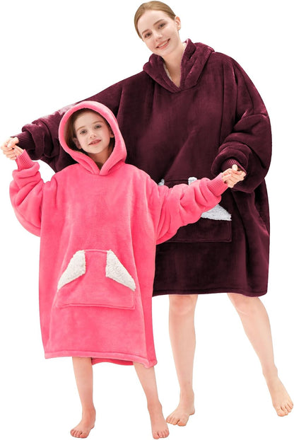 Touchat Wearable Blanket Hoodie, Oversized Sherpa Blanket Sweatshirt with Hood Pocket and Sleeves, Super Soft Warm Plush Hooded Blanket for Adult Women Men, One Size Fits All (Pink)